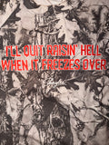 Text overlay on a camouflage pattern with a quote and brand name.