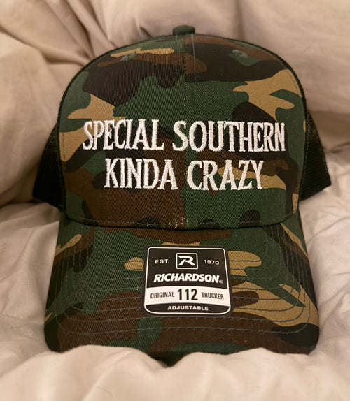 Camo pattern hat with "Special Southern Kinda Crazy" lyric — Shaylen 
Outlaw Women merch, Nashville